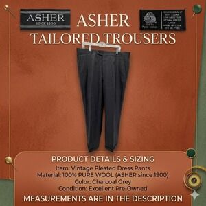 Vintage ASHER Wool Dress Pants Men's 38x29 Charcoal Grey Pleated Cuffed USA